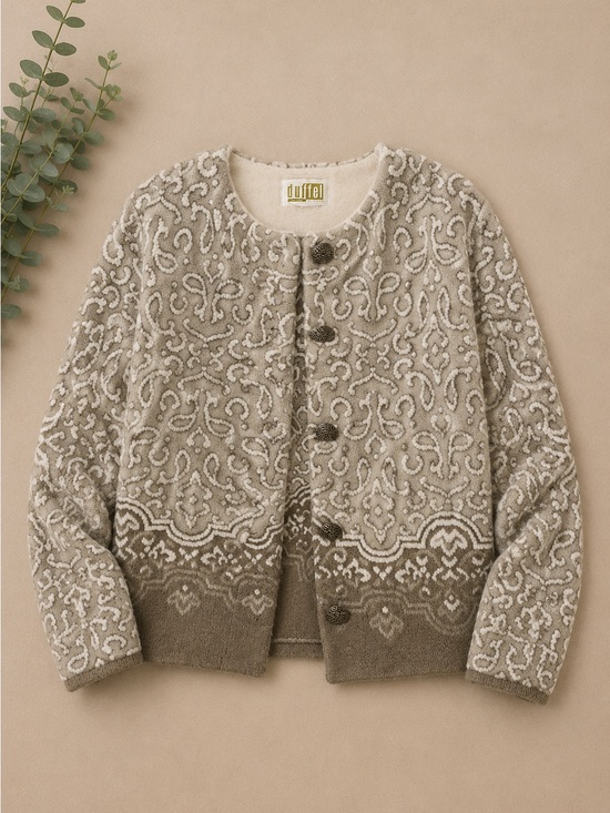 Duffel Jackets & Blazers - Vintage Sherpa Fleece Jacket Women’s Beige Ivory Scroll Pattern Button Front